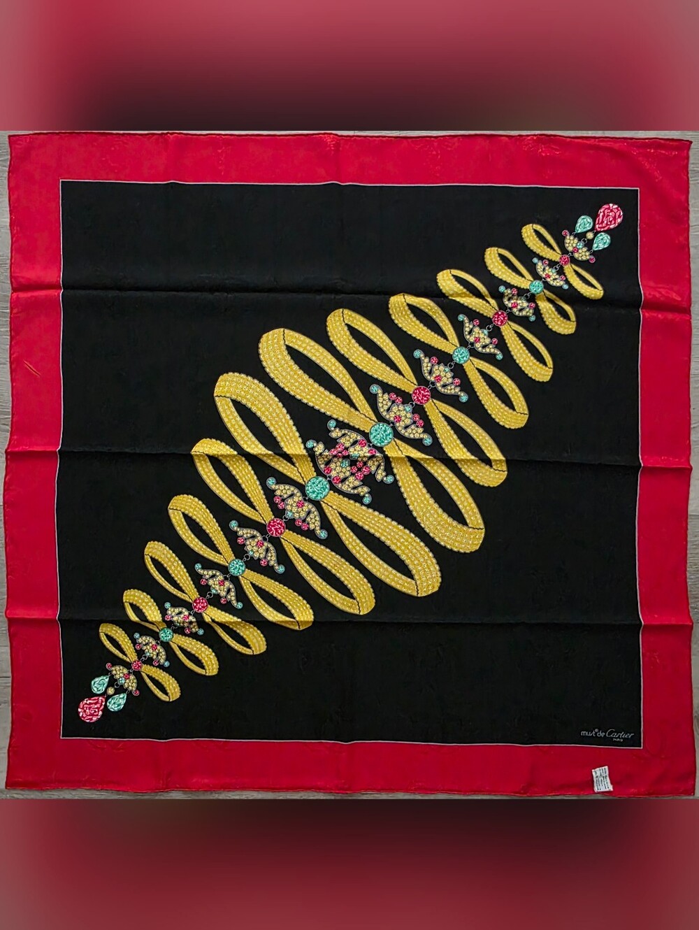 Auth Must de Cartier Jewel Bow Silk Scarf